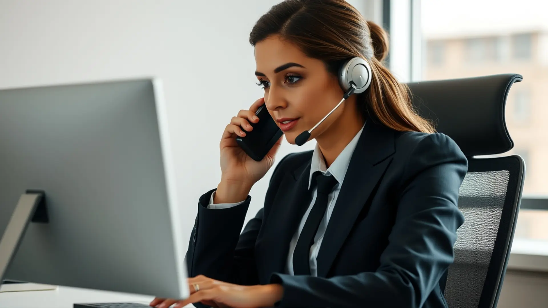 Vertriebsmitarbeiterin mit Headset bei der Telefonakquise