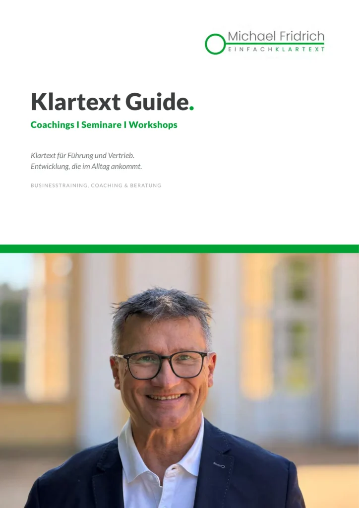Titelseite des Klartext Guide v5.9 von Michael Fridrich – Coachings, Seminare, Workshops