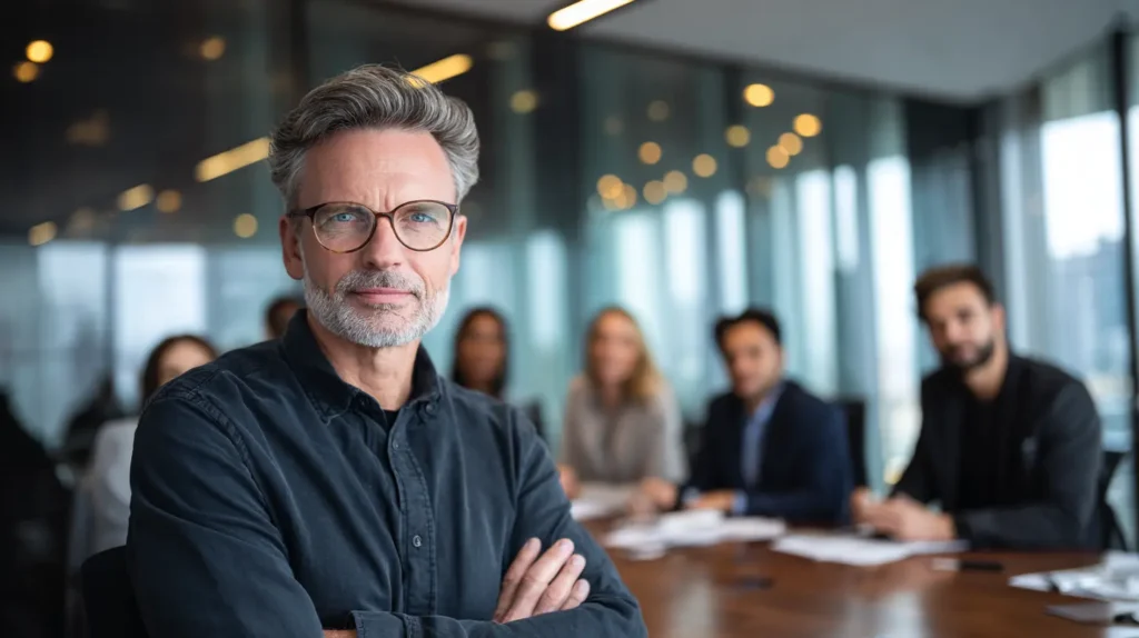 Führungskraft mit verschränkten Armen vor einem laufenden Meeting