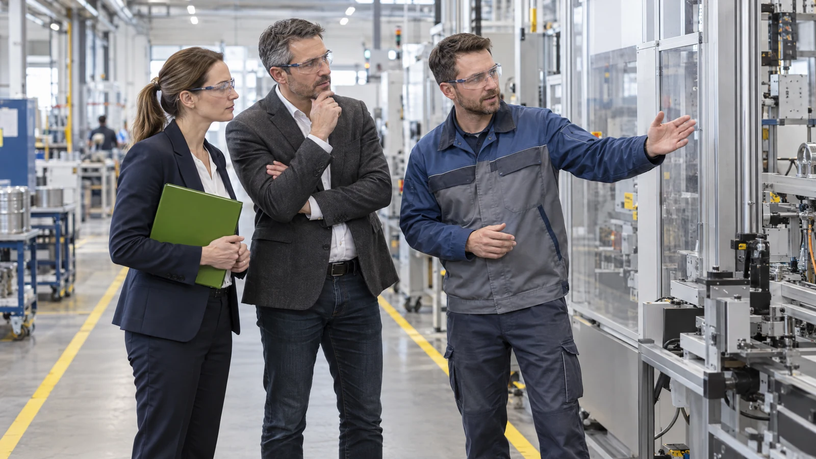 Vertrieb, Einkauf und Produktionsfachbereich besprechen Anforderungen an eine Anlage.